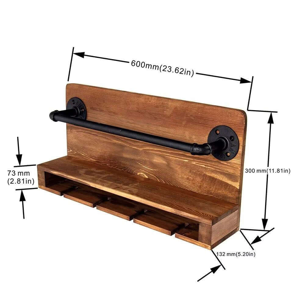 Vintage Rustic Wall Wine Rack with Glass Holder made of wood and metal with dimensions marked.