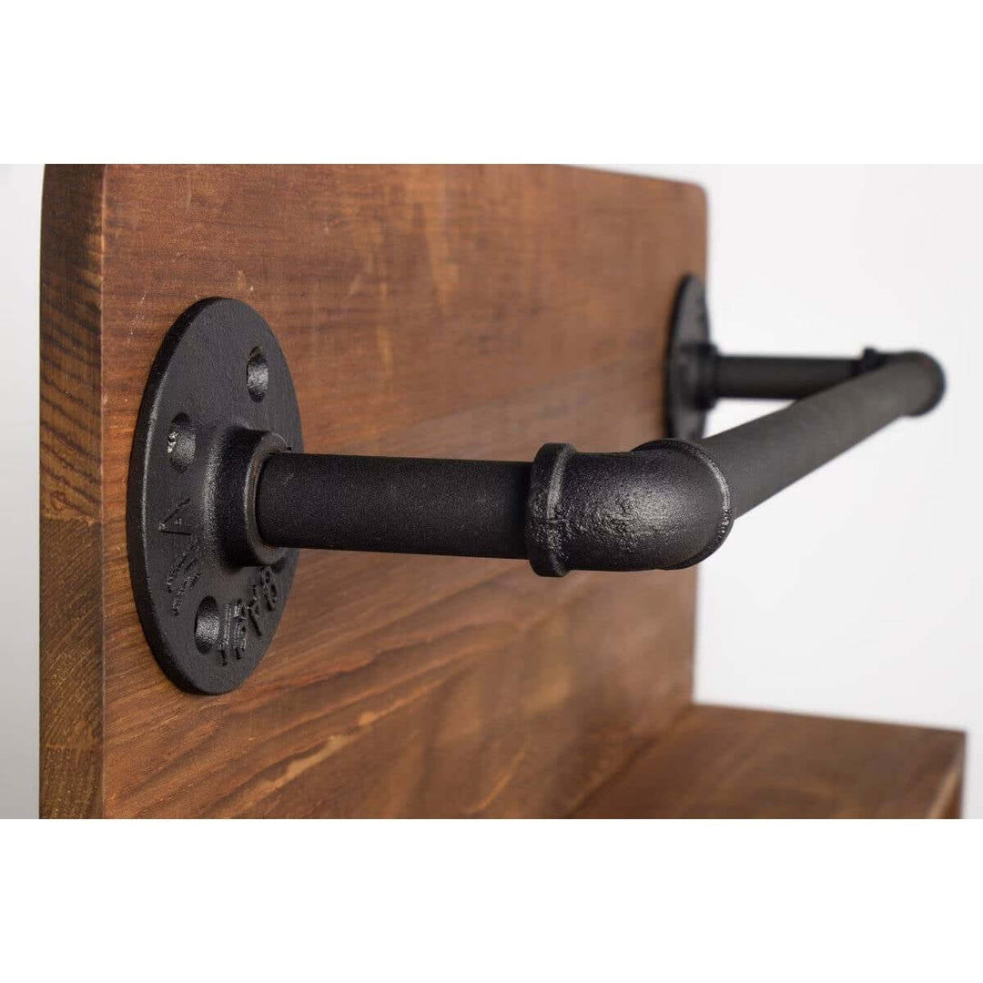 Close-up of Vintage Rustic Wall Wine Rack with Glass Holder showcasing wood and metal design