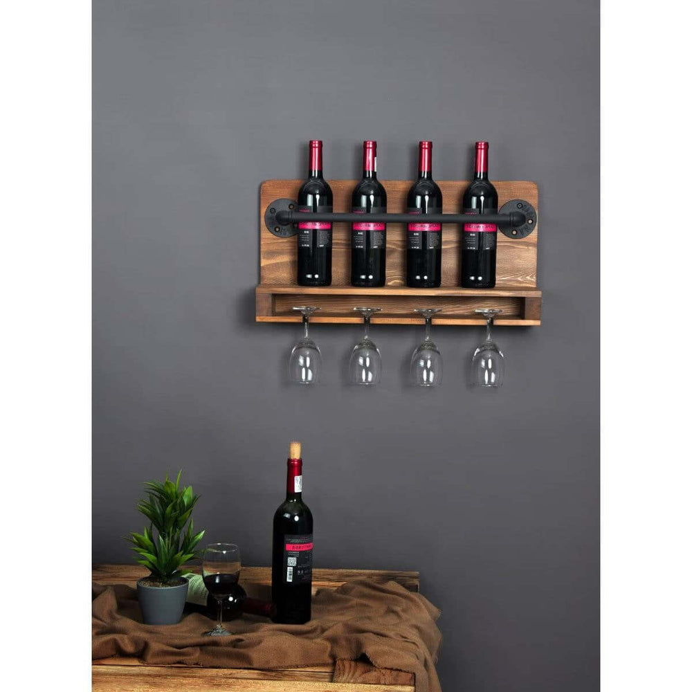 Vintage Rustic Wall Wine Rack with Glass Holder showcasing wine bottles and glasses, ideal for elegant home decor and storage.