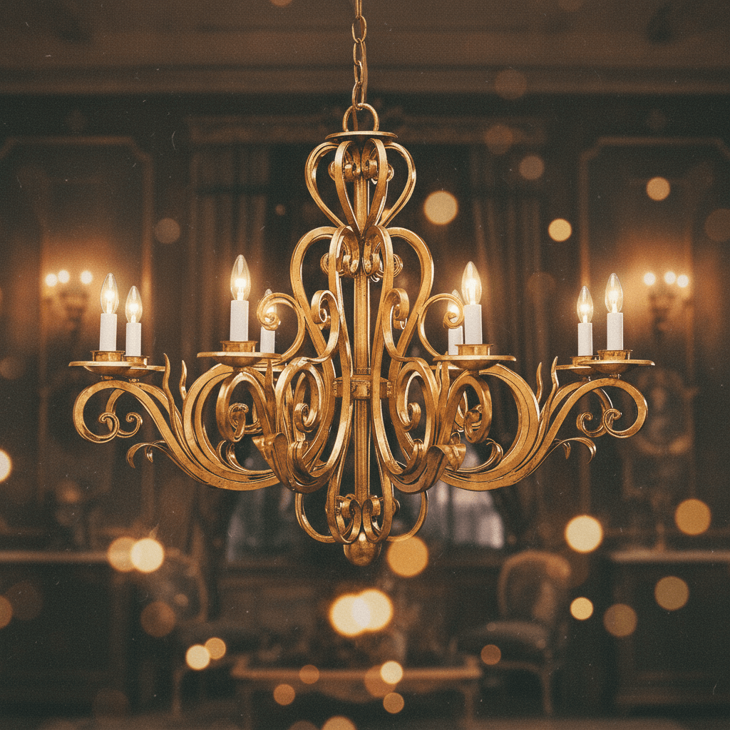 Vintage Scrollwork Chandelier in Gold Leaf Finish with elegant lighting and hand-forged Italian details.