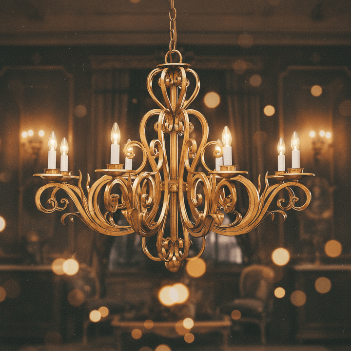 Vintage Scrollwork Chandelier in Gold Leaf Finish with elegant lighting and hand-forged Italian details.