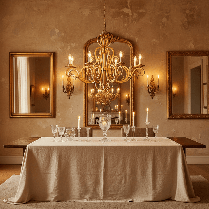 Vintage Scrollwork Chandelier in Gold Leaf Finish elegantly hanging over a classic dining table setting in an Italian-inspired room.