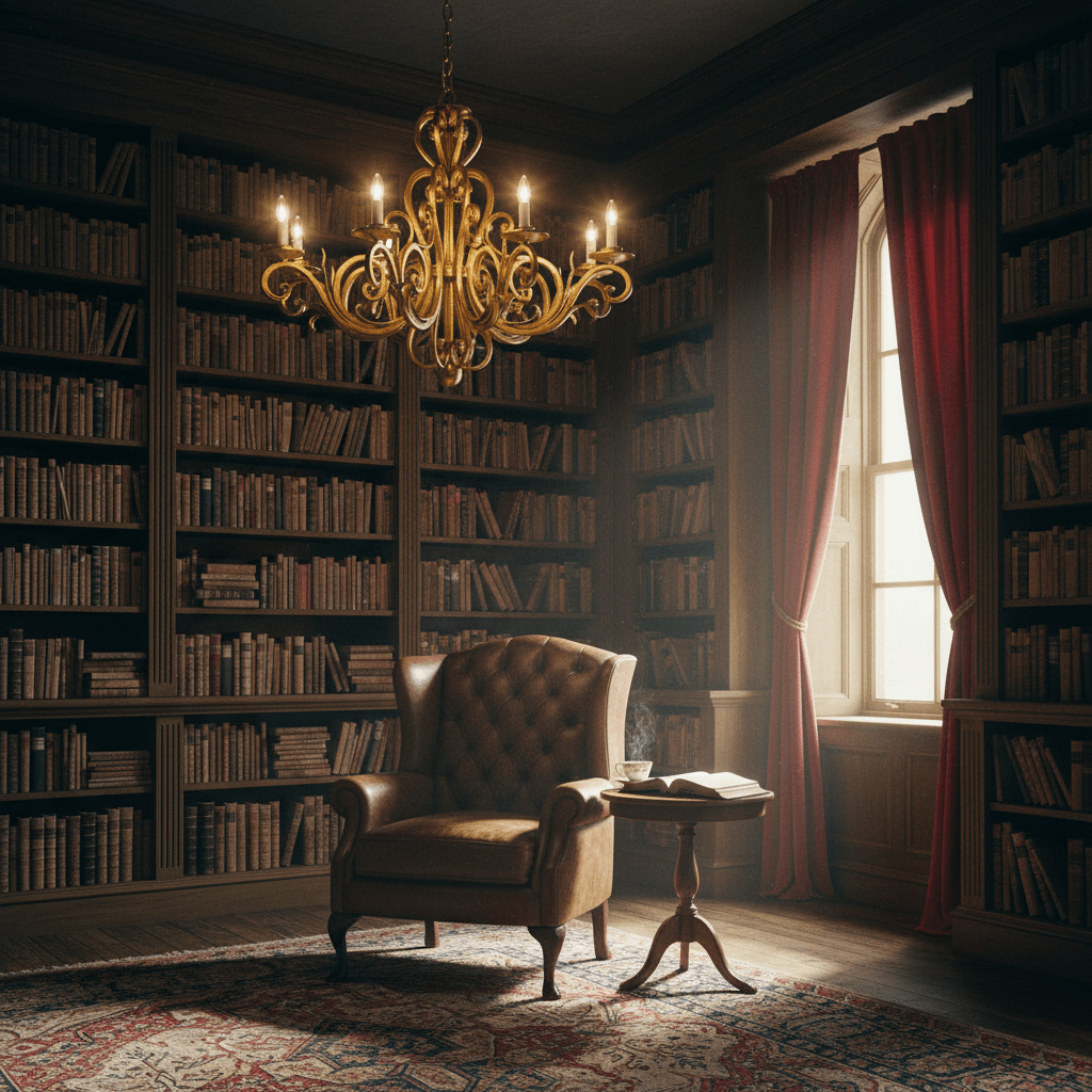 Vintage Scrollwork Chandelier in Gold Leaf Finish illuminating a classic library with leather chair and bookshelves.
