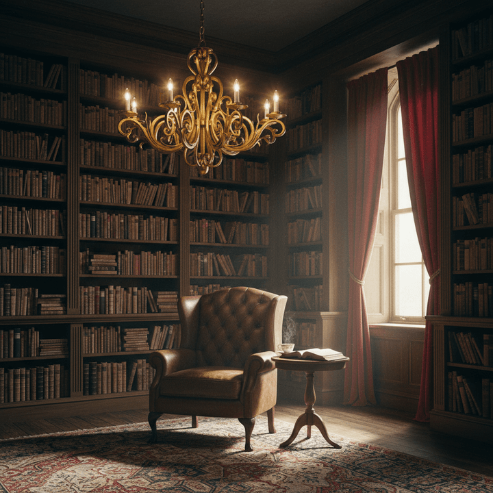 Vintage Scrollwork Chandelier in Gold Leaf Finish illuminating a classic library with leather chair and bookshelves.