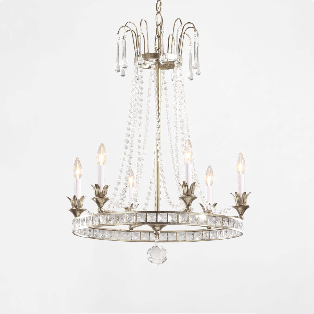 Vintage Silver Crystal Chandelier with Beaded Garlands, elegant Italian design, handcrafted, featuring shimmering crystals and candle-style lights