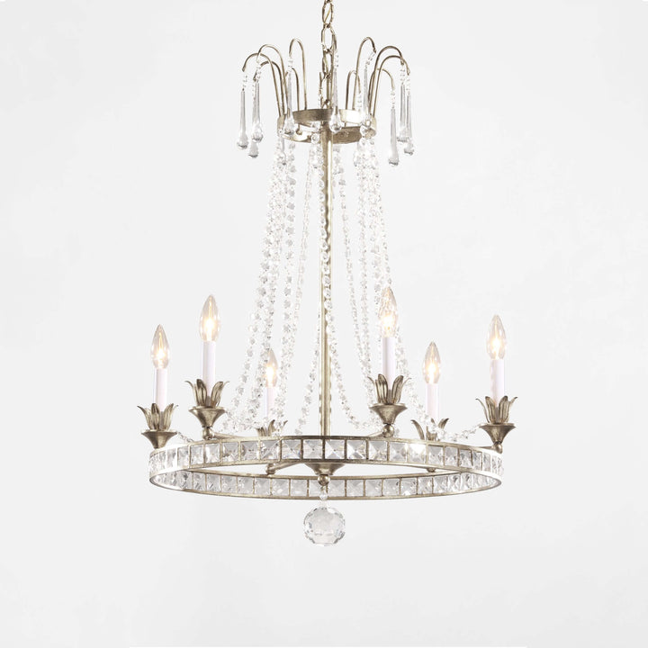 Vintage Silver Crystal Chandelier with Beaded Garlands, elegant Italian design, handcrafted, featuring shimmering crystals and candle-style lights