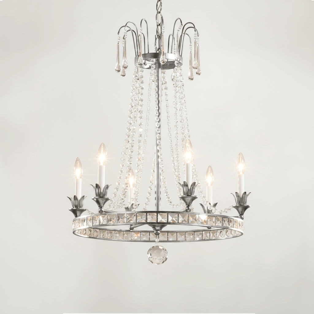 Vintage Silver Crystal Chandelier with Beaded Garlands illuminating a room with elegant design and soft lighting.