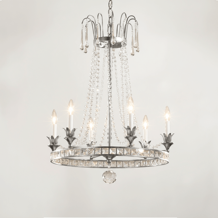 Vintage Silver Crystal Chandelier with Beaded Garlands illuminating a room with elegant design and soft lighting.