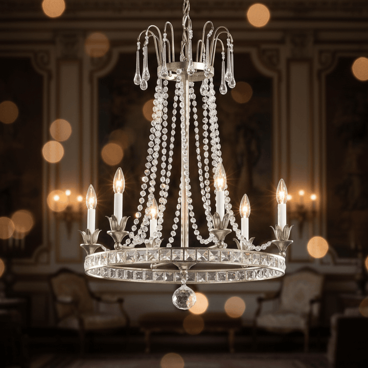 Vintage Silver Crystal Chandelier with Beaded Garlands elegantly hanging in a luxurious room setting, capturing the essence of timeless beauty.