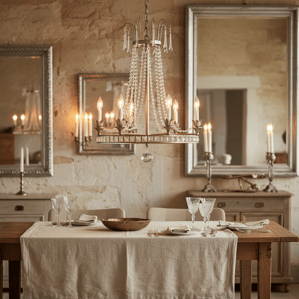 Vintage Silver Crystal Chandelier with Beaded Garlands illuminating a rustic dining room, enhancing a classic and elegant ambiance.