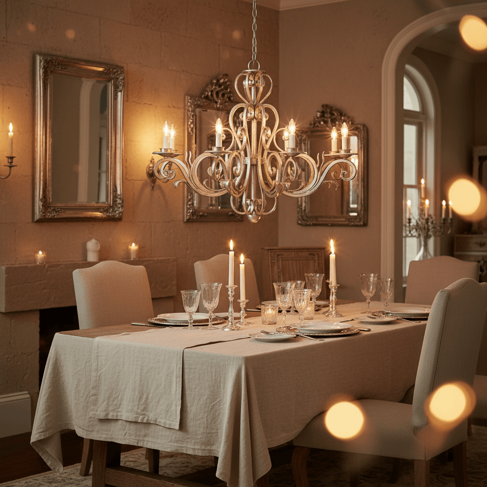 Vintage Silver Scrollwork Chandelier with Candle Lights illuminating a dining room set with elegant tableware.