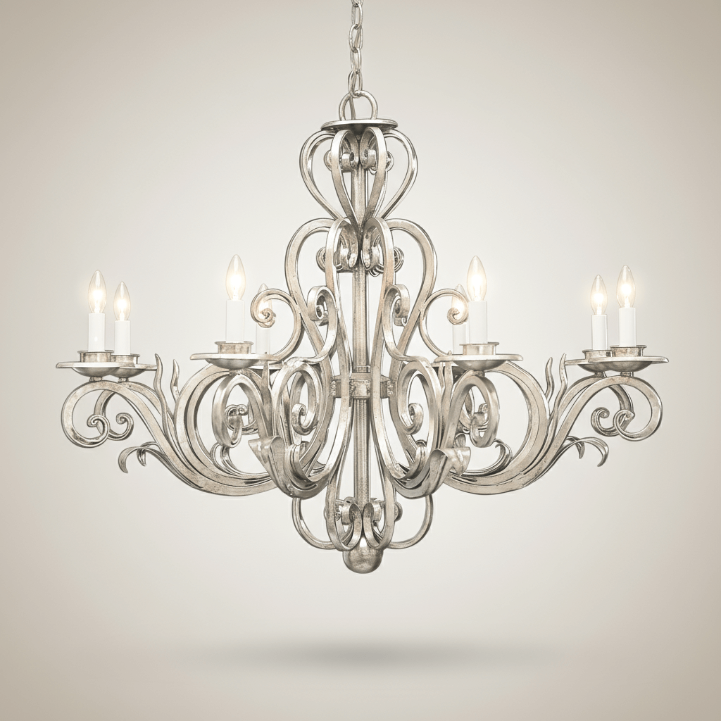 Vintage Silver Scrollwork Chandelier with Candle Lights, showcasing Italian craftsmanship and antique silver finish.