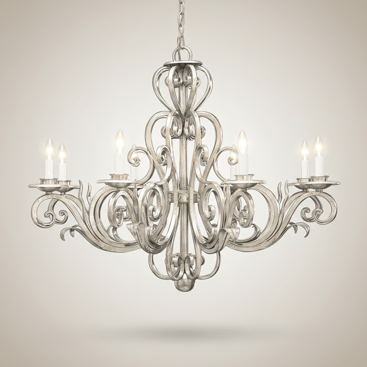 Vintage Silver Scrollwork Chandelier with Candle Lights, showcasing Italian craftsmanship and antique silver finish.