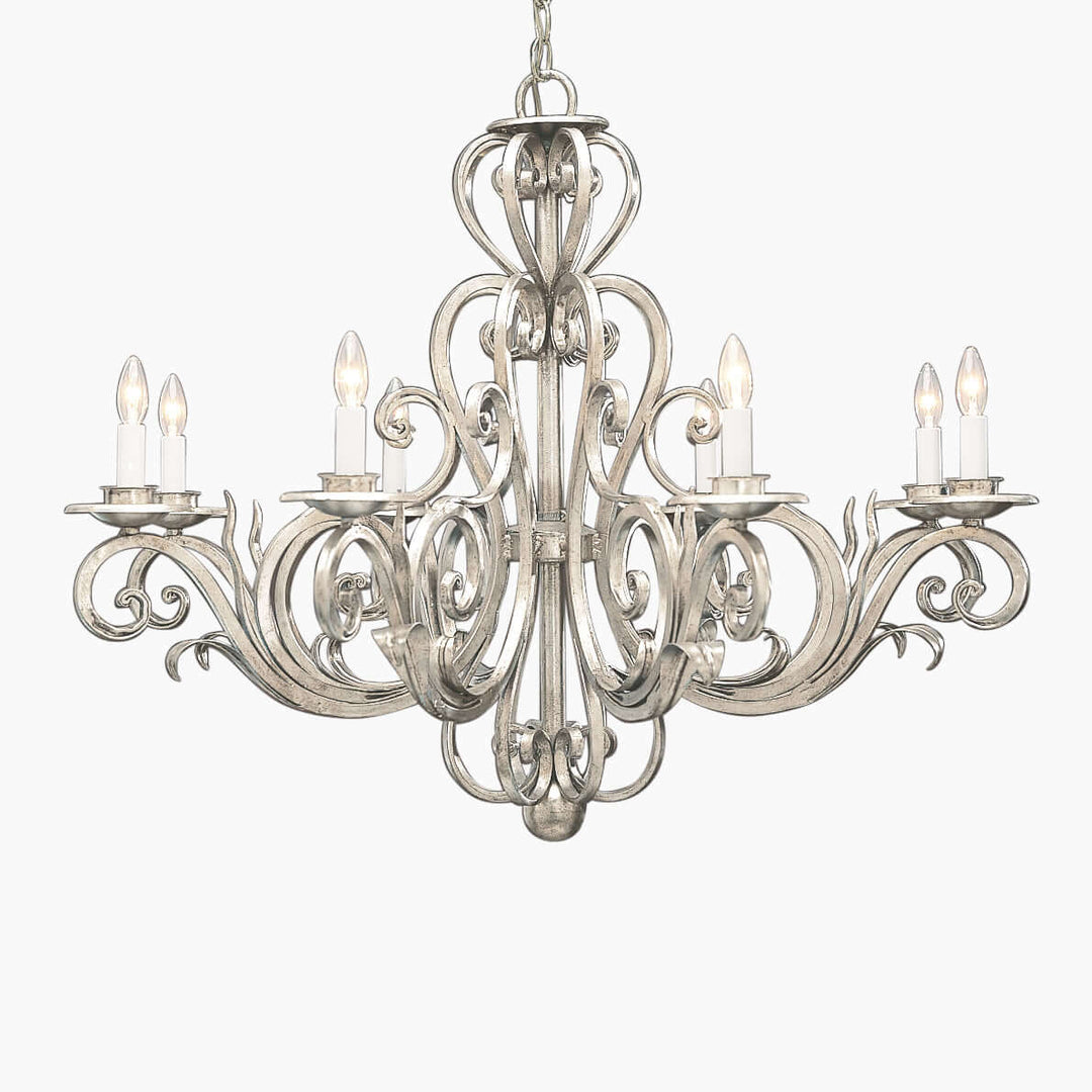 Vintage Silver Scrollwork Chandelier with Candle Lights featuring elegant Italian craftsmanship and neoclassical design elements.