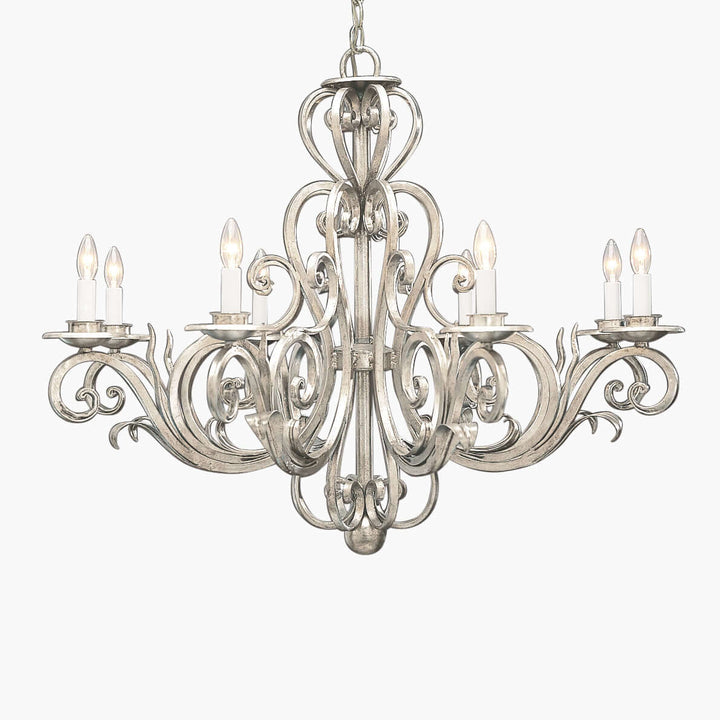 Vintage Silver Scrollwork Chandelier with Candle Lights featuring elegant Italian craftsmanship and neoclassical design elements.