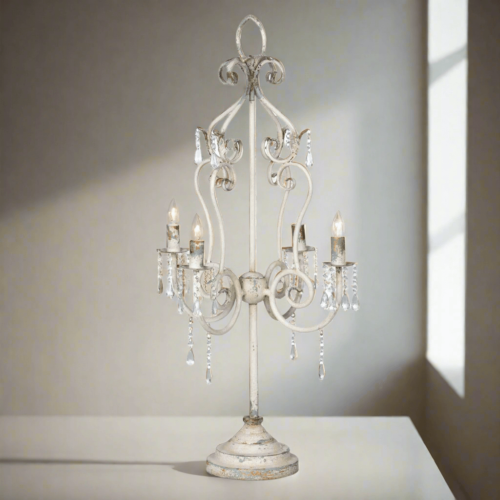 Vintage tabletop chandelier with crystals and distressed finish, perfect for adding elegant romance to any room.