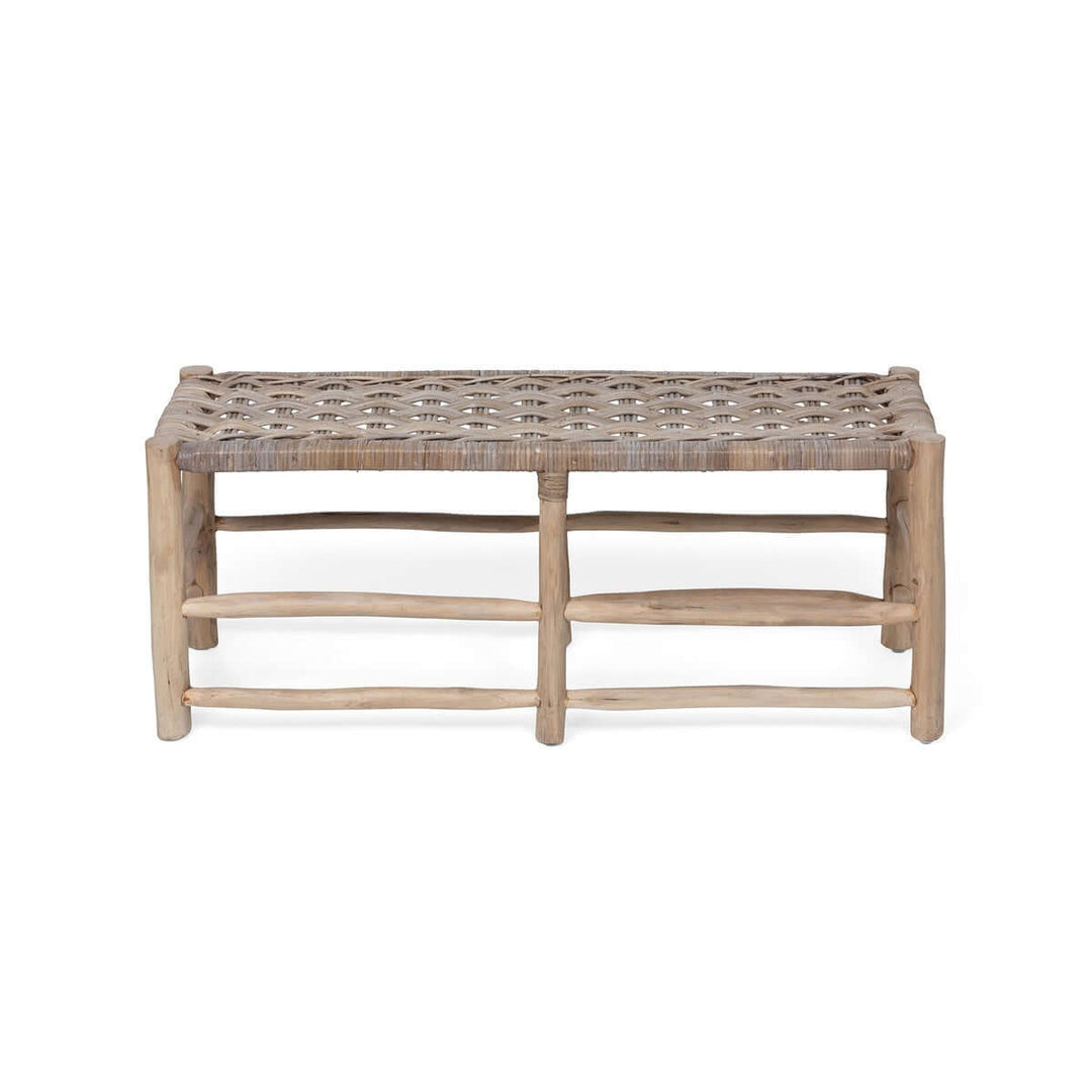 Vintage teak and rattan entryway bench with hand-sanded teak frame and interwoven rattan design, offering classic charm and tactility.