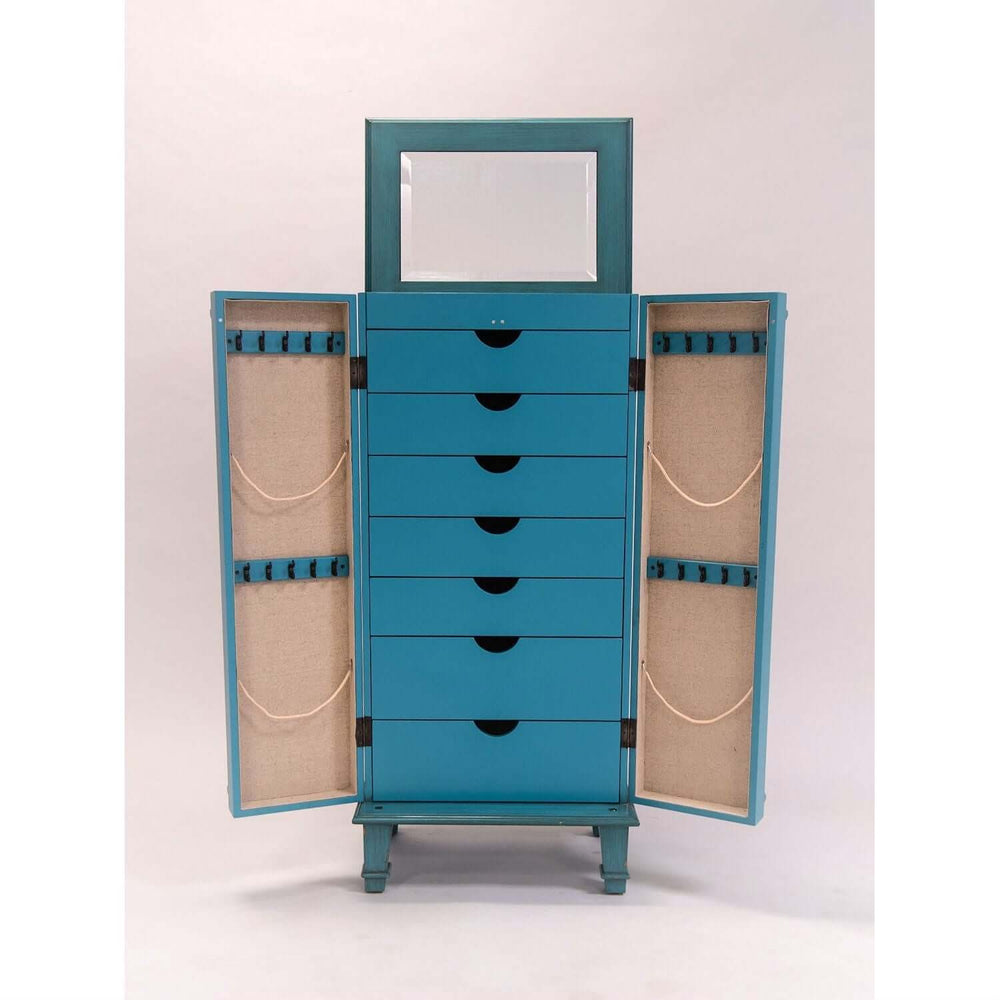 Vintage Turquoise Jewelry Armoire with open drawers showing elegant storage and antique-inspired design features.
