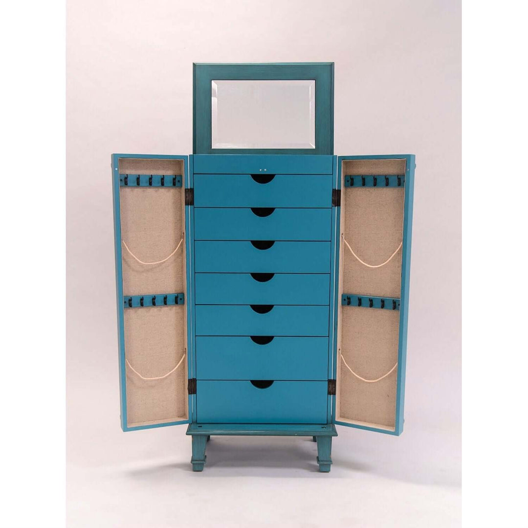 Vintage Turquoise Jewelry Armoire with hand-painted finish, open to reveal storage drawers and hooks for organizing jewelry.