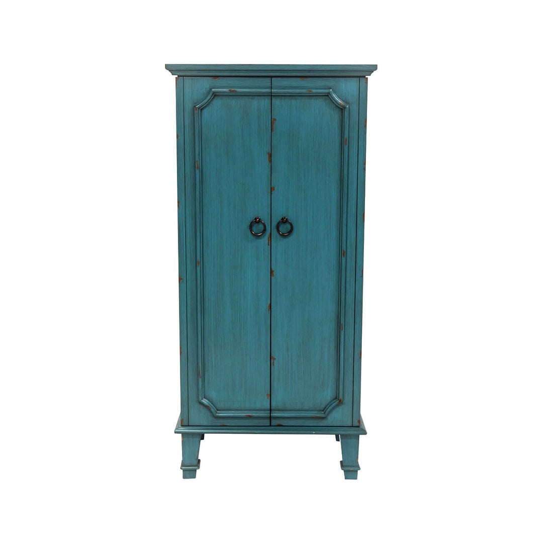 Vintage Turquoise Jewelry Armoire with distressed finish and antique-inspired hardware, showcasing a timeless and elegant design.