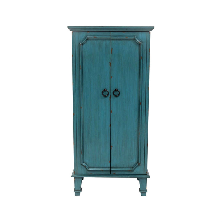 Vintage Turquoise Jewelry Armoire with distressed finish and antique-inspired hardware, showcasing a timeless and elegant design.