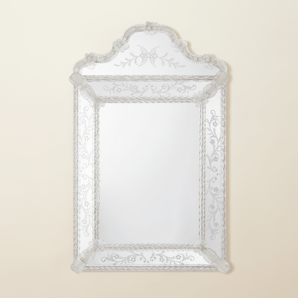Decorative Murano glass wall mirror with intricate glass frame on a beige background