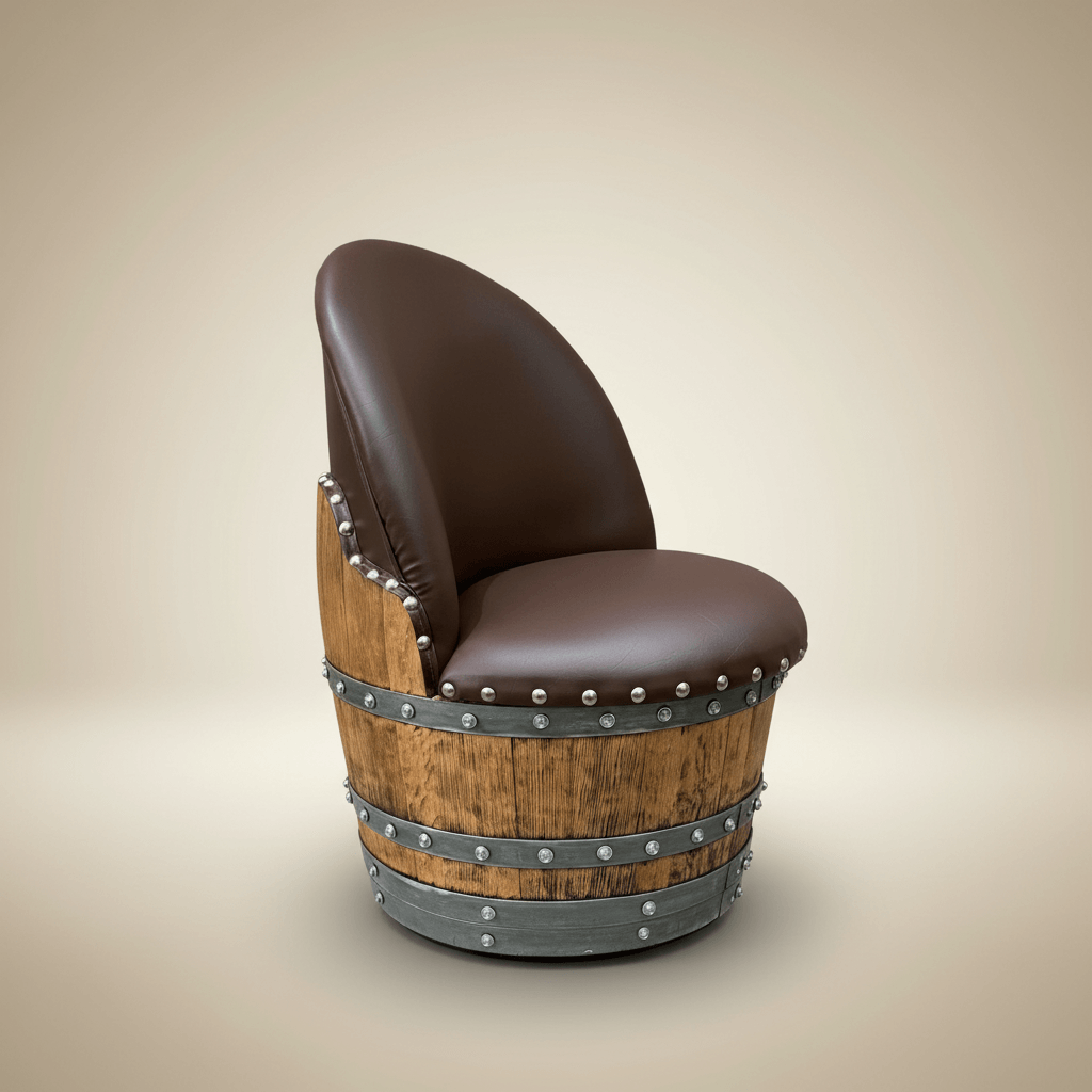 Vintage Whiskey Barrel Chair with leather seat and wooden barrel base, showcasing handcrafted design and farmhouse style.