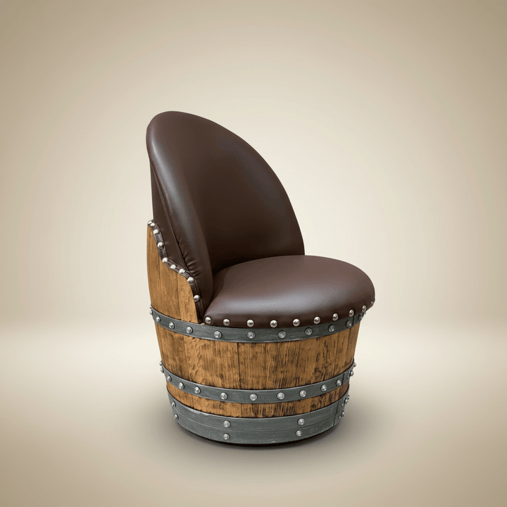 Vintage Whiskey Barrel Chair with leather seat and wooden barrel base, showcasing handcrafted design and farmhouse style.