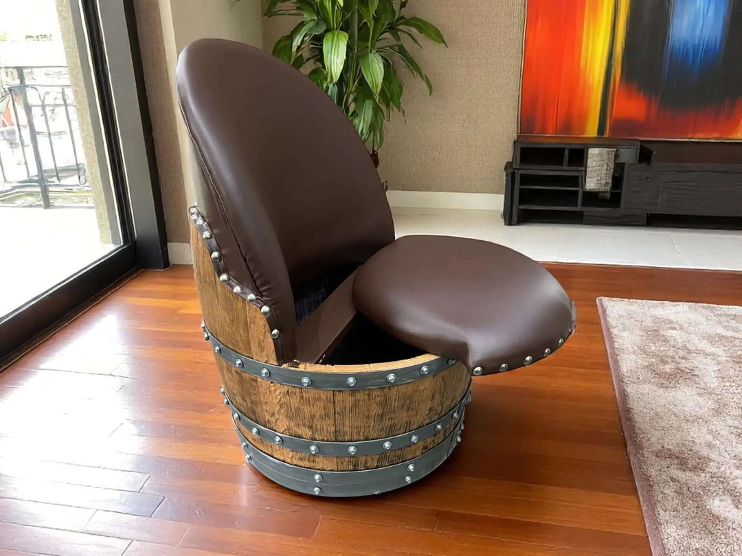 Vintage Whiskey Barrel Chair with hidden compartment, handcrafted from genuine whiskey barrels, featuring leather seat and rivet details.