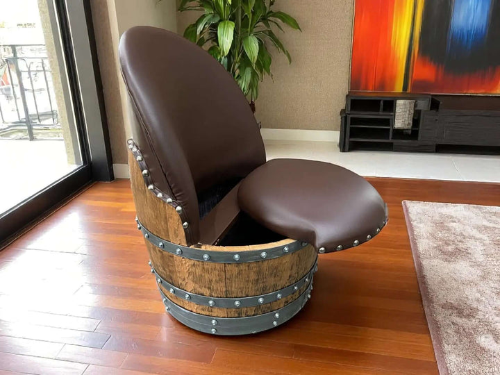 Vintage Whiskey Barrel Chair with hidden compartment, handcrafted from genuine whiskey barrels, featuring leather seat and rivet details.