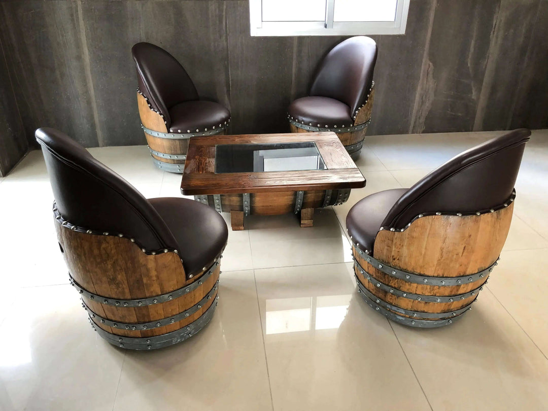 Set of Vintage Whiskey Barrel Chair on Casters with Hidden Compartment around a rustic table, ideal for farmhouse decor.