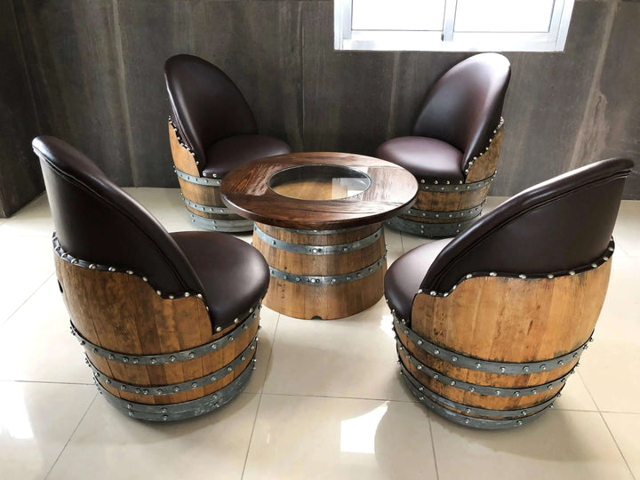 Set of four Vintage Whiskey Barrel Chairs around a round table, showcasing rustic farmhouse design with a hidden compartment feature.