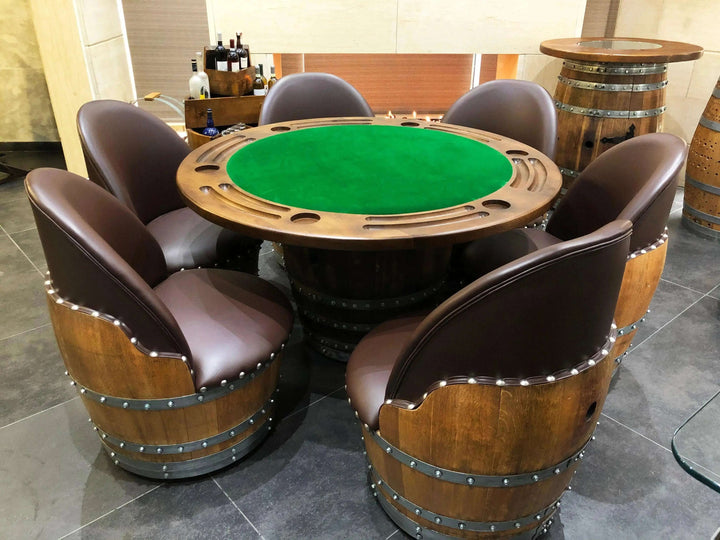 Vintage Whiskey Barrel Chair set around a rustic round table, showcasing handcrafted detail and casters for mobility.
