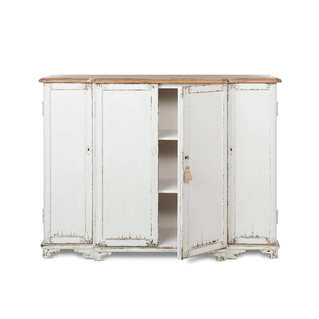 Vintage white entryway cabinet with distressed wood top, open door showing interior shelves, exudes rustic cottage charm.