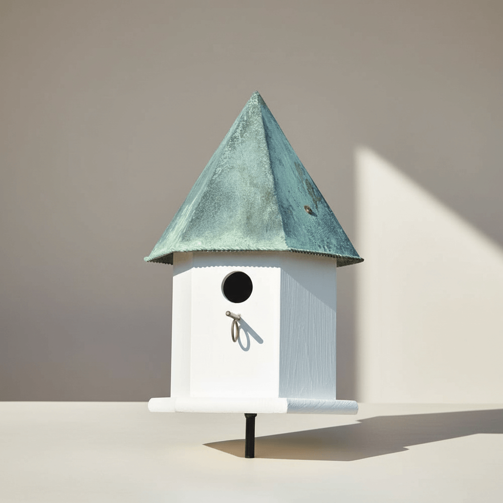 Vintage White Octagonal Bird House with Copper Roof in sunlight