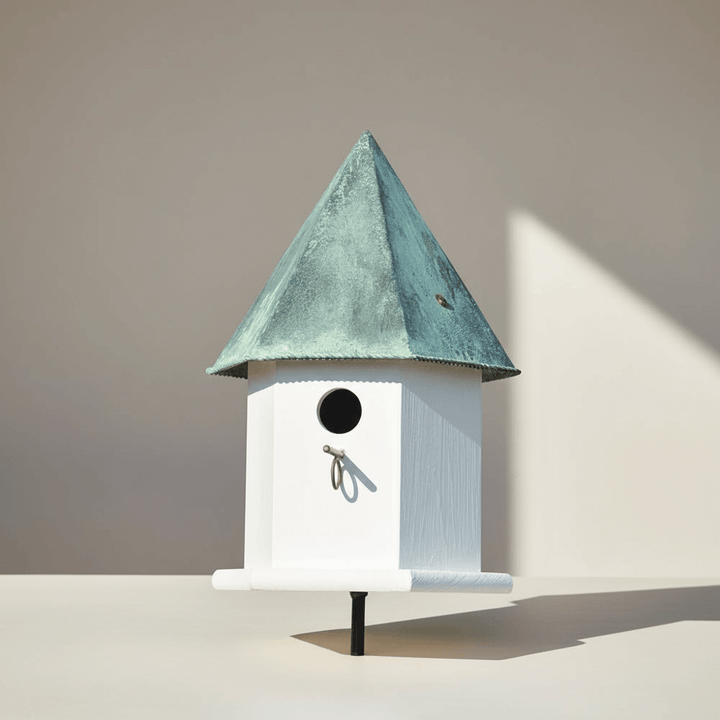 Vintage White Octagonal Bird House with Copper Roof in sunlight