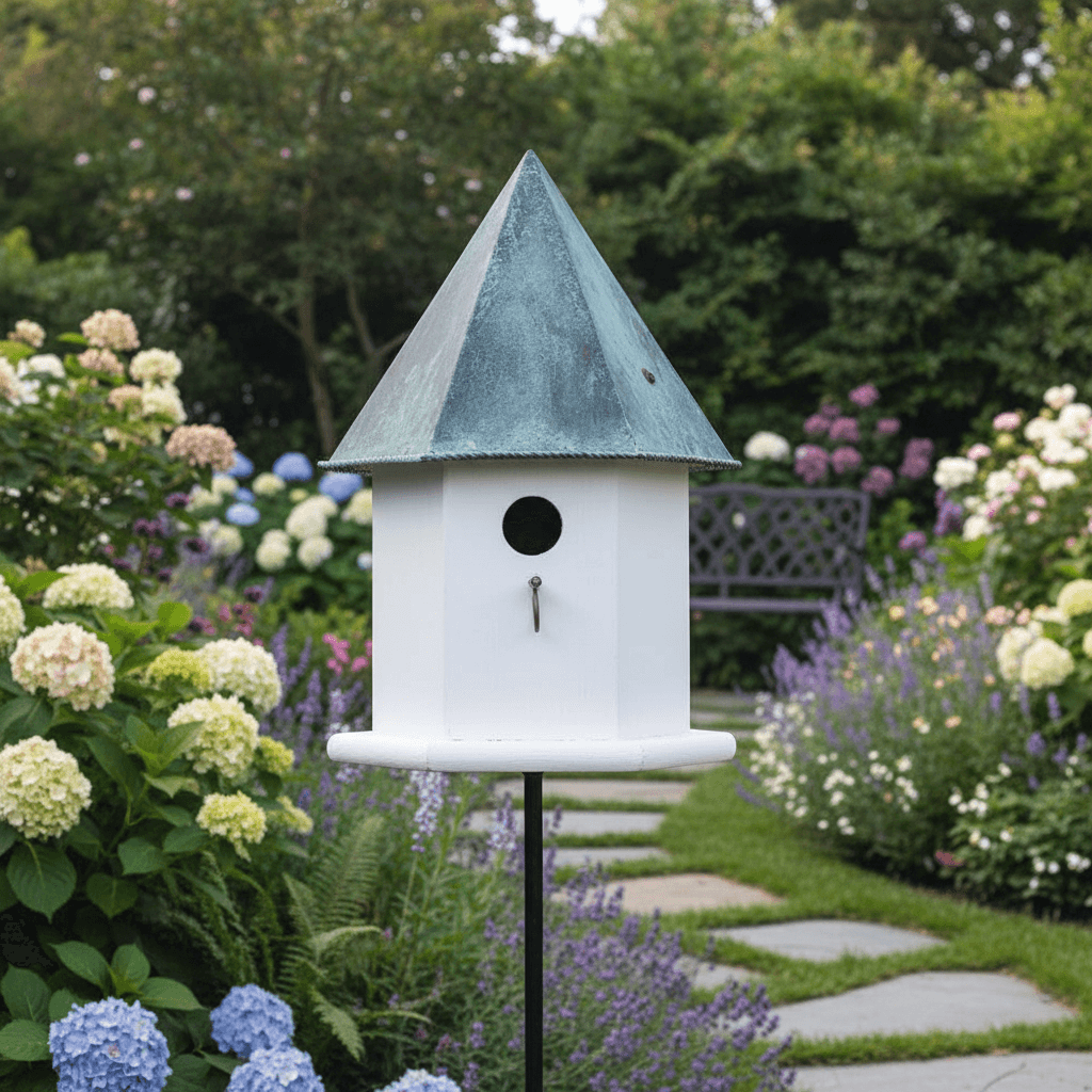 Vintage White Octagonal Bird House with Copper Roof in a flower-filled garden setting