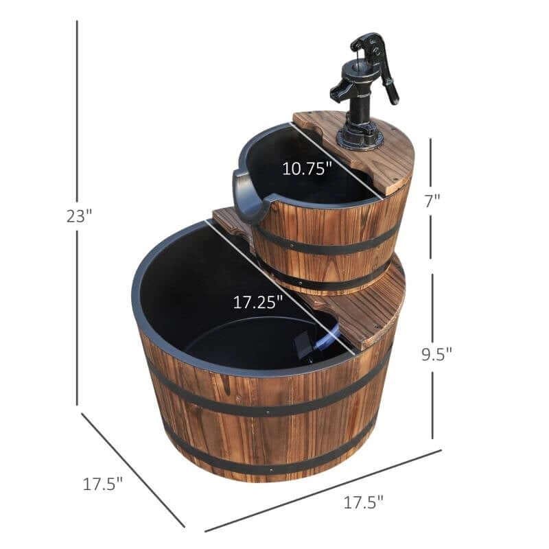 Alt Tag: Vintage Wooden Barrel Water Fountain with dual-tier design and measurements, perfect for garden or patio decor.