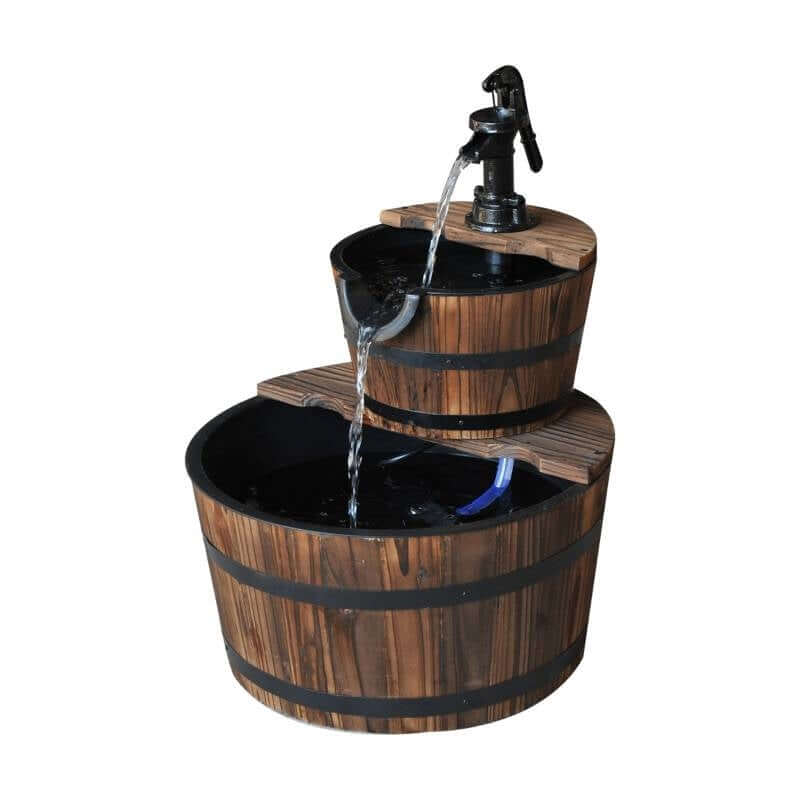 Vintage Wooden Barrel Water Fountain with dual-tier design, rustic charm, and authentic wood finish for garden or patio.