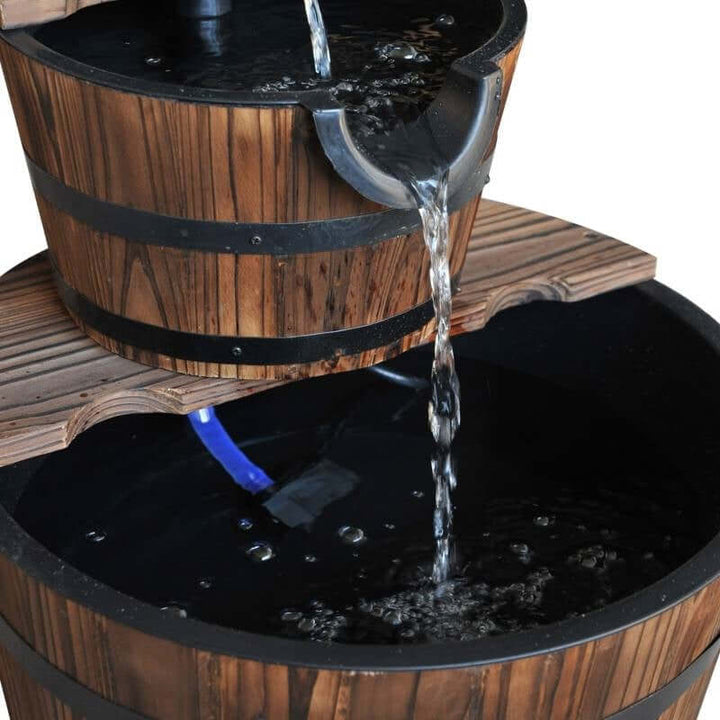 Vintage Wooden Barrel Water Fountain with dual-tier design and authentic wood finish, featuring a rustic look and tranquil water flow.