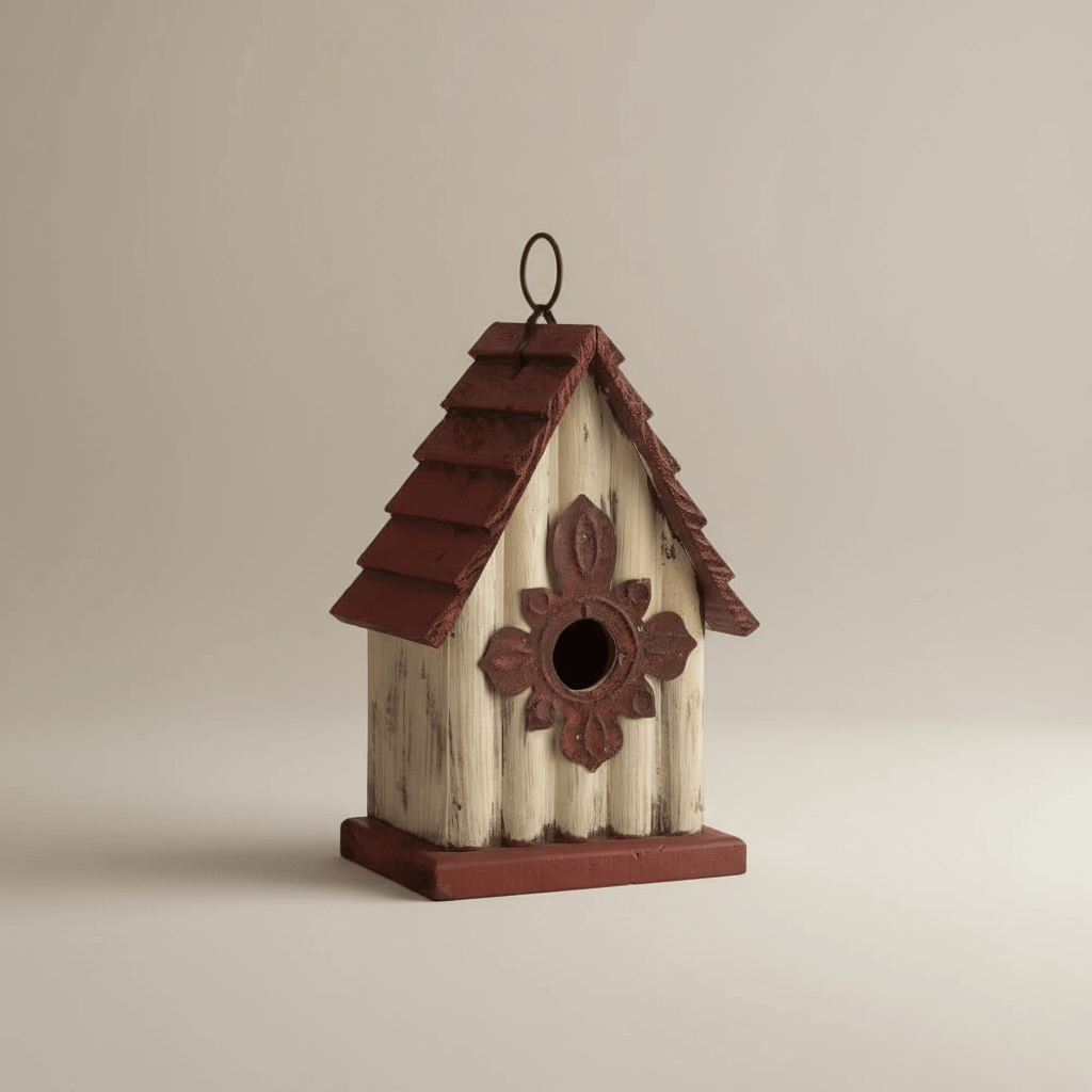 Vintage-Inspired Wooden Birdhouse with Terracotta Roof in a rustic garden setting.