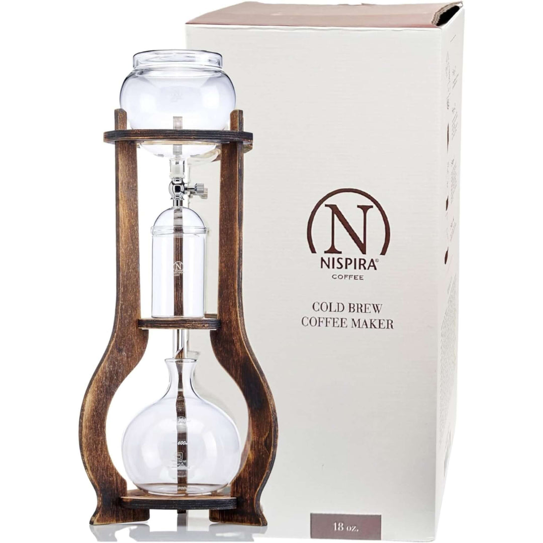 Vintage Wooden Cold Brew Coffee Maker Tower with hand-blown glass vessels in front of its packaging box.
