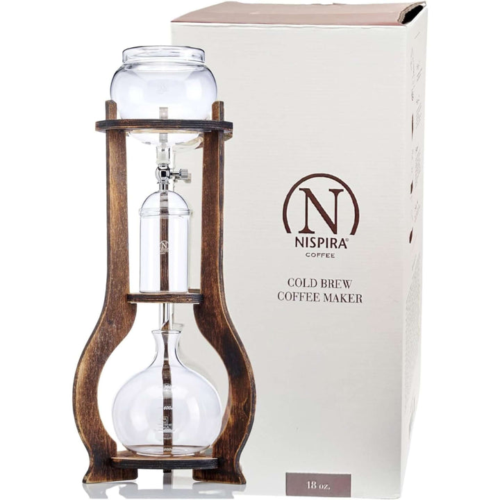 Vintage Wooden Cold Brew Coffee Maker Tower with hand-blown glass vessels in front of its packaging box.