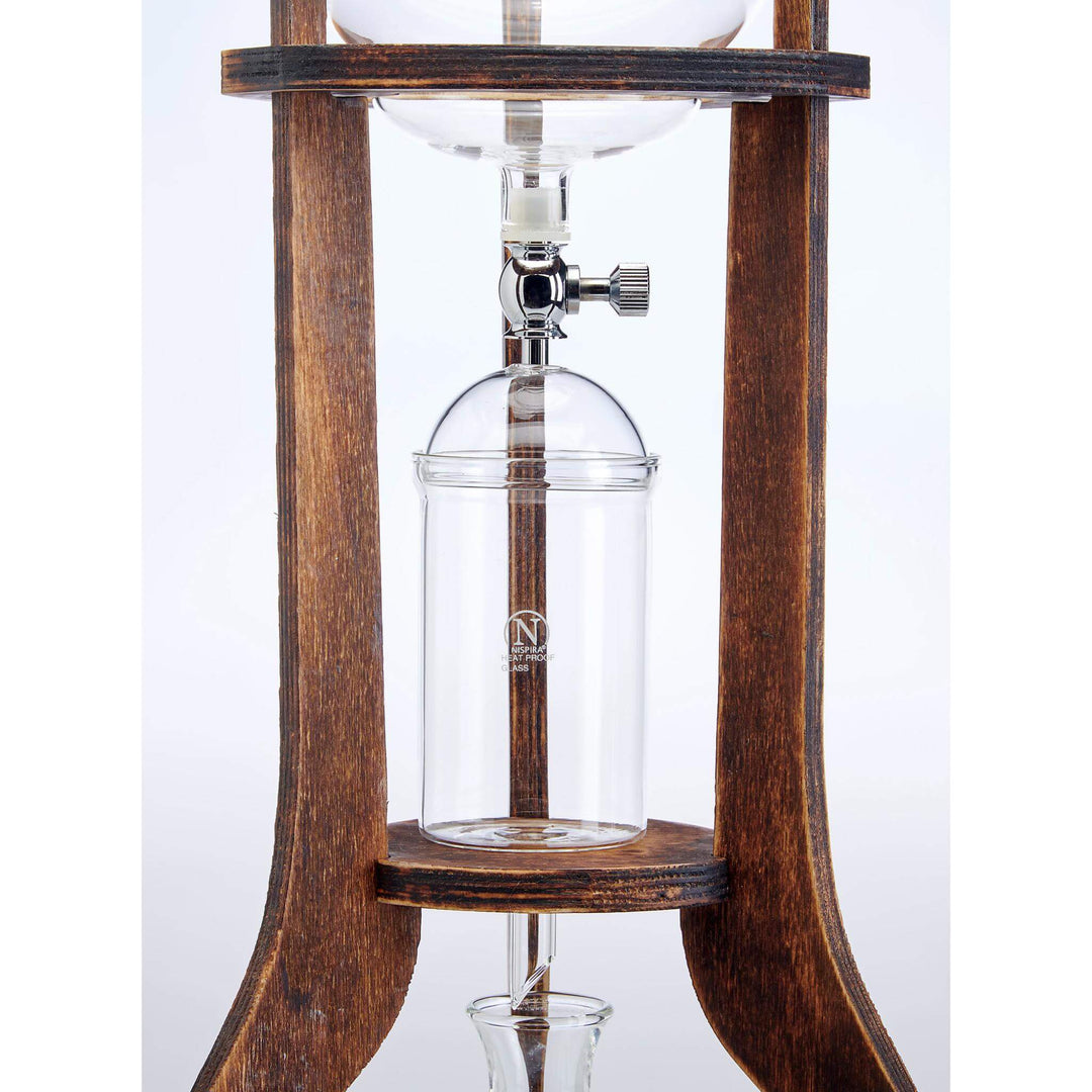 Vintage Wooden Cold Brew Coffee Maker Tower with glass vessels and wooden frame, showcasing retro-inspired craftsmanship.