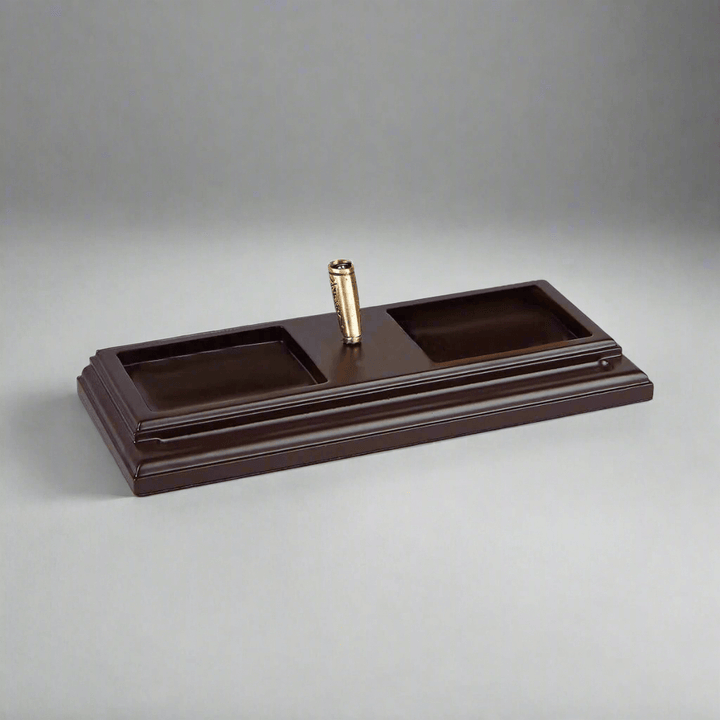 Vintage Wooden Desk Organizer with Feather Quill Pen Set in mahogany finish.