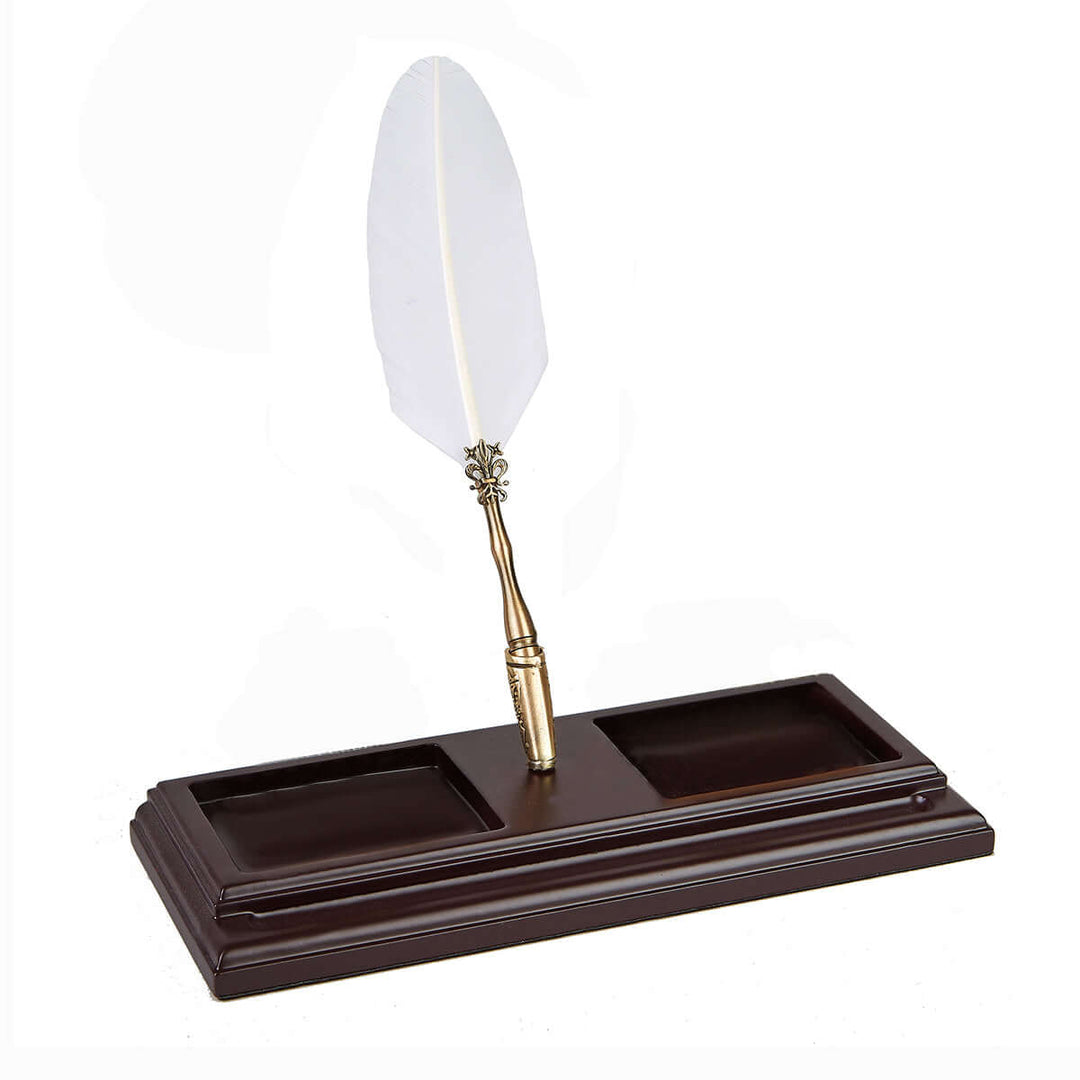 Vintage Wooden Desk Organizer with Feather Quill Pen Set featuring mahogany finish and traditional craftsmanship.