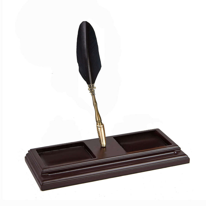Vintage Wooden Desk Organizer with Feather Quill Pen Set in rich mahogany finish for elegant writing space organization.