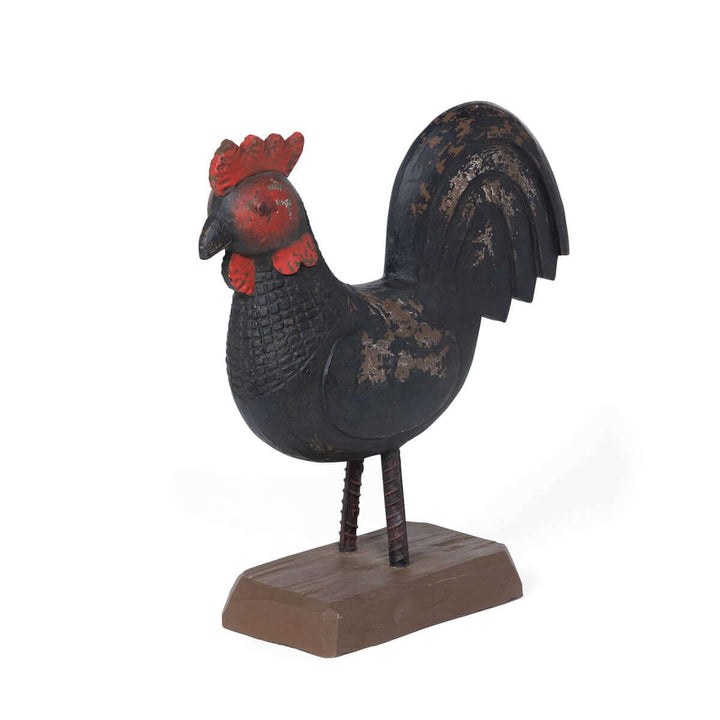 Vintage Wooden Rooster Statue in antique black and barn red, hand-carved beechwood, evoking rustic farmhouse charm.