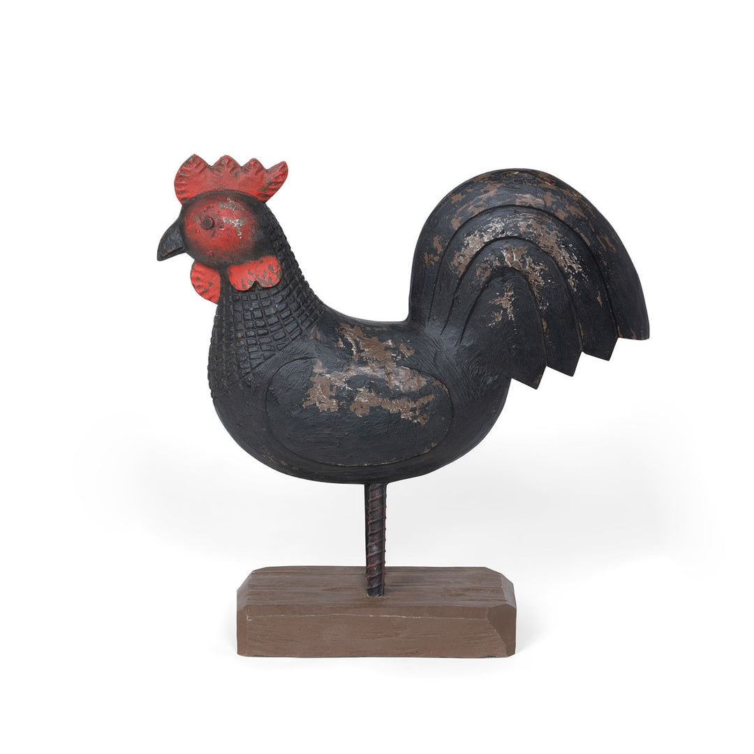 Vintage Wooden Rooster Statue in antique black and barn red, hand carved, embodying rustic farmhouse charm and folk art craftsmanship.
