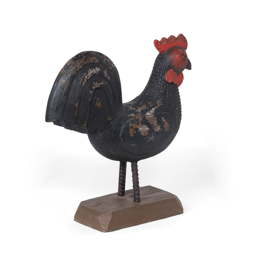 Vintage Wooden Rooster Statue made of beechwood in antique black and barn red, hand-carved with rustic folk art design.